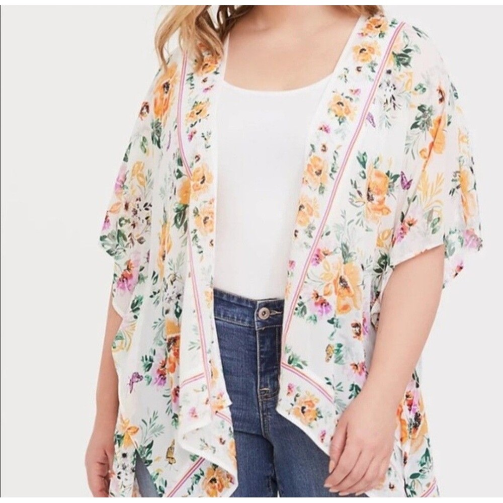 Torrid Women's White Floral Kimono Chiffon Open Front Coverup Top Plus Size 00/0
